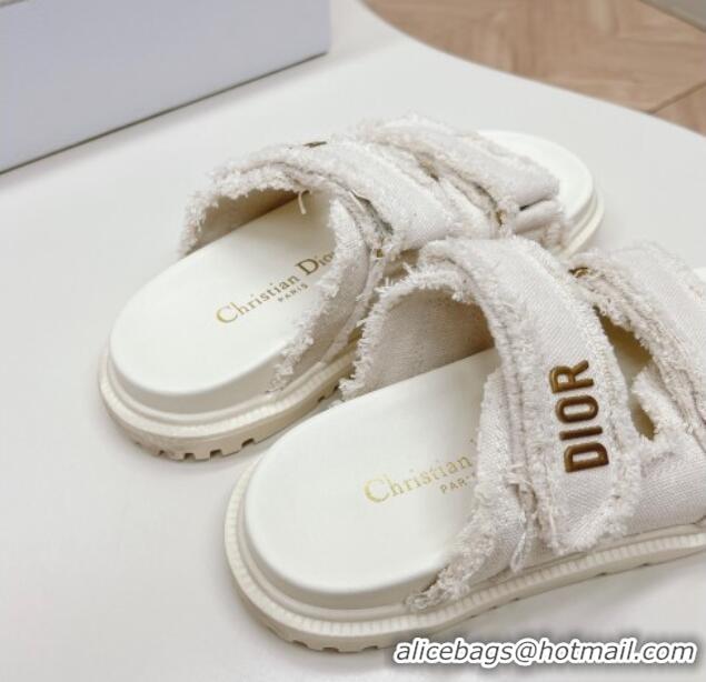 Classic Hot Dior Dioract Flat Slide Sandals in Fringed Cotton Canvas White 0506054