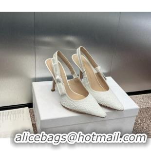 Popular Style Dior J'Adior Slingback Pumps 9.5cm in Embroidered Cotton and White Resin Pearls 0506058