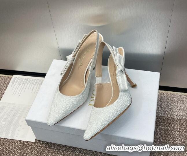 Popular Style Dior J'Adior Slingback Pumps 9.5cm in Embroidered Cotton and White Resin Pearls 0506058