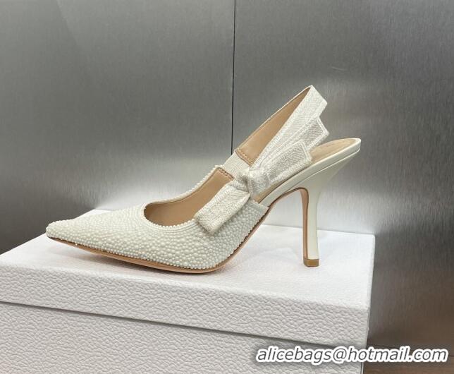 Popular Style Dior J'Adior Slingback Pumps 9.5cm in Embroidered Cotton and White Resin Pearls 0506058