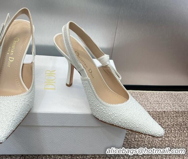 Popular Style Dior J'Adior Slingback Pumps 9.5cm in Embroidered Cotton and White Resin Pearls 0506058