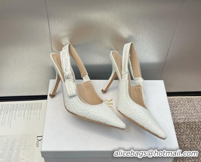 Popular Style Dior J'Adior Slingback Pumps 9.5cm in Embroidered Cotton and White Resin Pearls 0506058