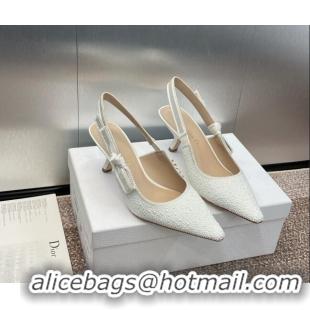 Grade Quality Dior J'Adior Slingback Pumps 6.5cm in Embroidered Cotton and White Resin Pearls 0506059