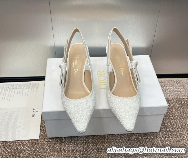 Grade Quality Dior J'Adior Slingback Pumps 6.5cm in Embroidered Cotton and White Resin Pearls 0506059