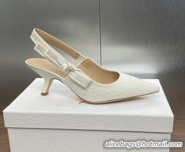 Grade Quality Dior J'Adior Slingback Pumps 6.5cm in Embroidered Cotton and White Resin Pearls 0506059