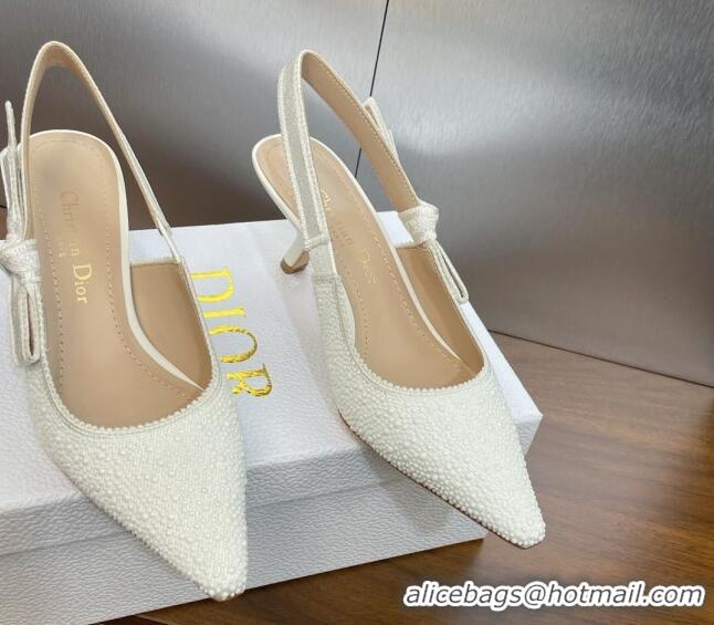 Grade Quality Dior J'Adior Slingback Pumps 6.5cm in Embroidered Cotton and White Resin Pearls 0506059