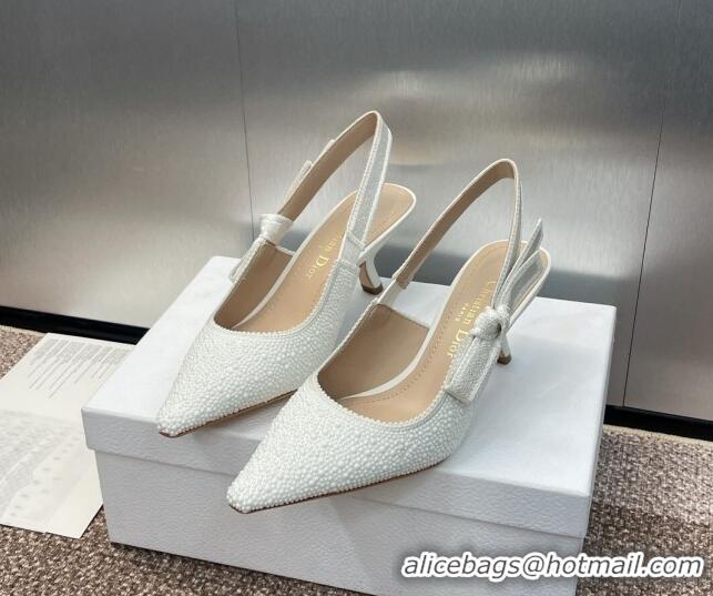 Grade Quality Dior J'Adior Slingback Pumps 6.5cm in Embroidered Cotton and White Resin Pearls 0506059