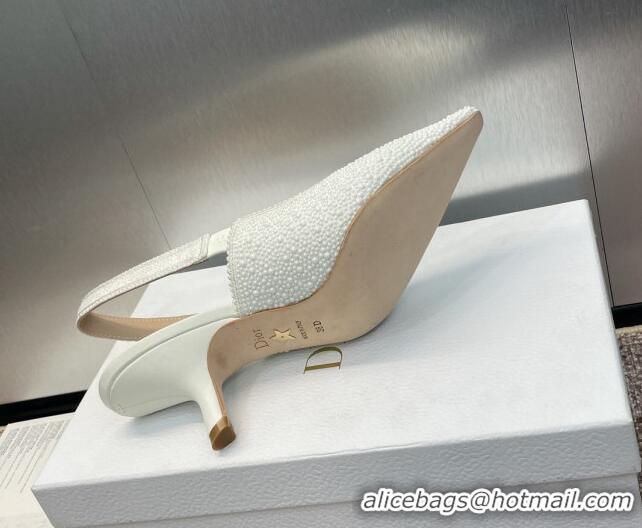 Grade Quality Dior J'Adior Slingback Pumps 6.5cm in Embroidered Cotton and White Resin Pearls 0506059