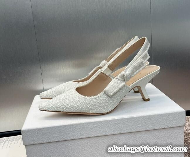 Grade Quality Dior J'Adior Slingback Pumps 6.5cm in Embroidered Cotton and White Resin Pearls 0506059