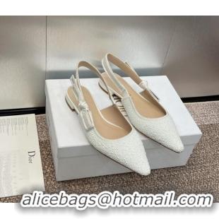 Best Grade Dior J'Adior Slingback Ballet Flat in Embroidered Cotton and White Resin Pearls 0506060