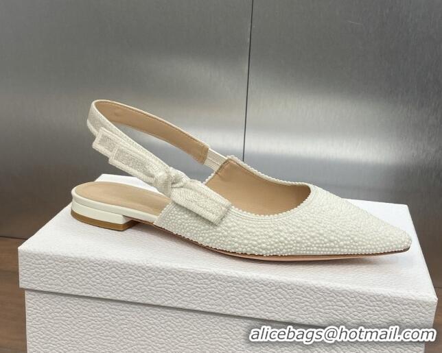 Best Grade Dior J'Adior Slingback Ballet Flat in Embroidered Cotton and White Resin Pearls 0506060