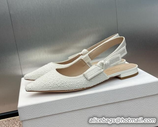 Best Grade Dior J'Adior Slingback Ballet Flat in Embroidered Cotton and White Resin Pearls 0506060