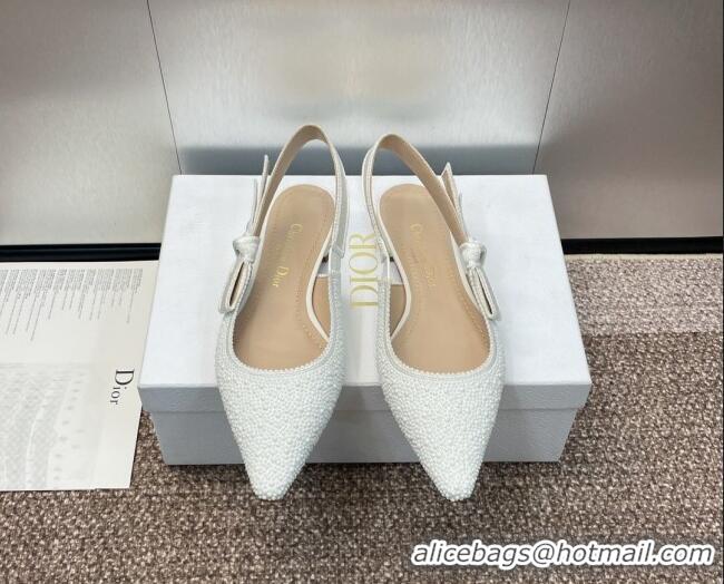 Best Grade Dior J'Adior Slingback Ballet Flat in Embroidered Cotton and White Resin Pearls 0506060