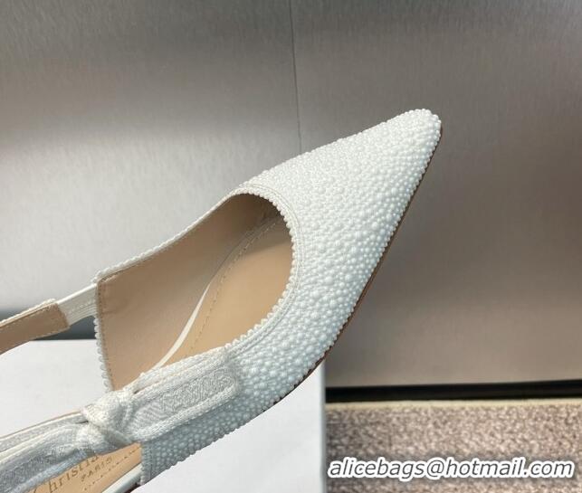 Best Grade Dior J'Adior Slingback Ballet Flat in Embroidered Cotton and White Resin Pearls 0506060