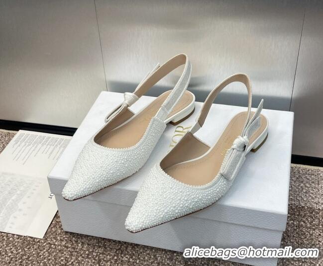 Best Grade Dior J'Adior Slingback Ballet Flat in Embroidered Cotton and White Resin Pearls 0506060