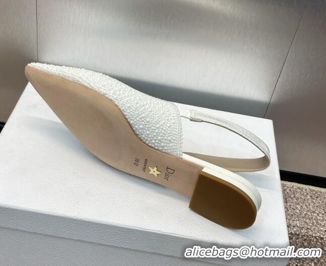 Best Grade Dior J'Adior Slingback Ballet Flat in Embroidered Cotton and White Resin Pearls 0506060