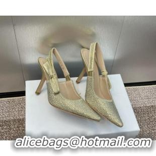 Best Price Dior J'Adior Slingback Pumps 9.5cm in Yellow Gold-Tone Cotton Embroidered with Metallic Thread and Strass 506