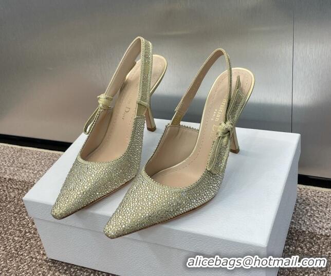 Best Price Dior J'Adior Slingback Pumps 9.5cm in Yellow Gold-Tone Cotton Embroidered with Metallic Thread and Strass 506