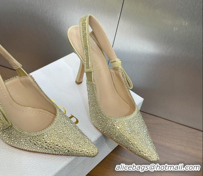 Best Price Dior J'Adior Slingback Pumps 9.5cm in Yellow Gold-Tone Cotton Embroidered with Metallic Thread and Strass 506