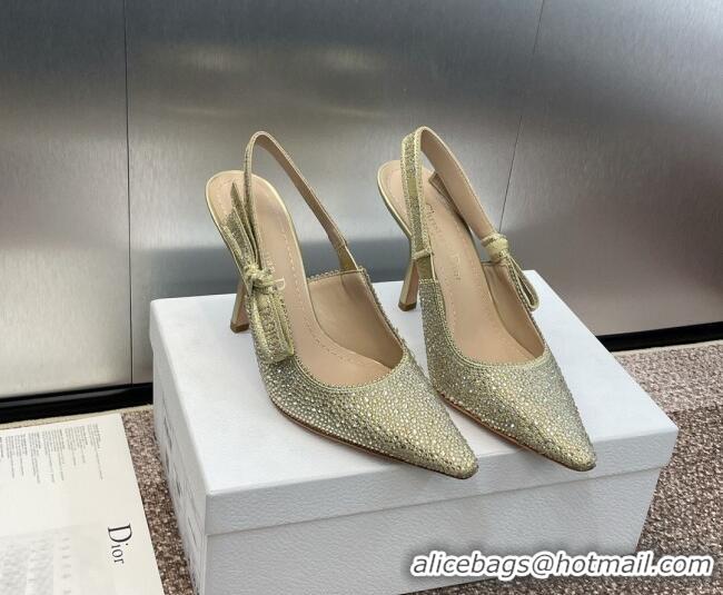 Best Price Dior J'Adior Slingback Pumps 9.5cm in Yellow Gold-Tone Cotton Embroidered with Metallic Thread and Strass 506