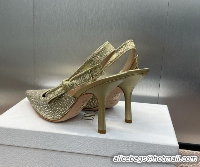 Best Price Dior J'Adior Slingback Pumps 9.5cm in Yellow Gold-Tone Cotton Embroidered with Metallic Thread and Strass 506