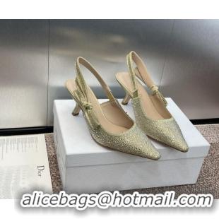 Stylish Dior J'Adior Slingback Pumps 6.5cm in Yellow Gold-Tone Cotton Embroidered with Metallic Thread and Strass 506062