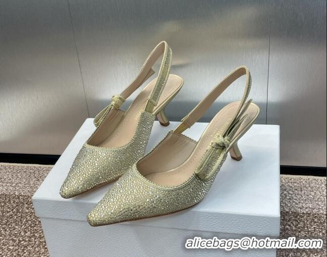 Stylish Dior J'Adior Slingback Pumps 6.5cm in Yellow Gold-Tone Cotton Embroidered with Metallic Thread and Strass 506062