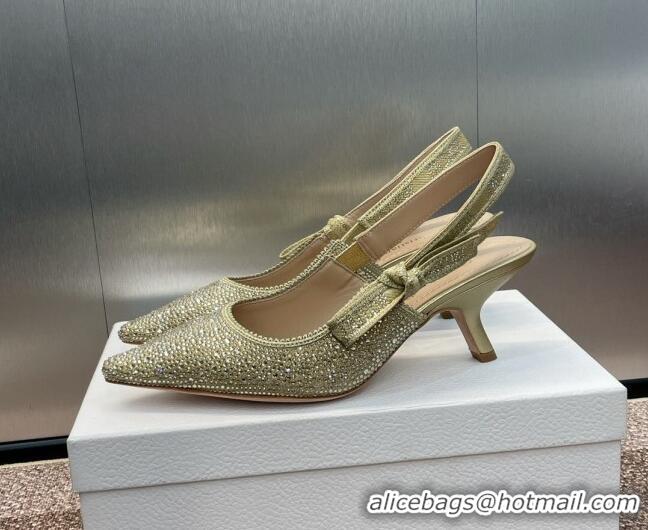 Stylish Dior J'Adior Slingback Pumps 6.5cm in Yellow Gold-Tone Cotton Embroidered with Metallic Thread and Strass 506062