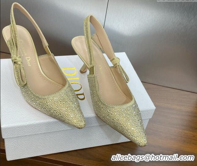 Stylish Dior J'Adior Slingback Pumps 6.5cm in Yellow Gold-Tone Cotton Embroidered with Metallic Thread and Strass 506062