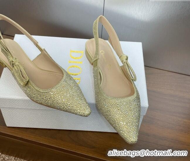 Sophisticated Dior J'Adior Slingback Ballet Flat in Yellow Gold-Tone Cotton Embroidered with Metallic Thread and Strass 