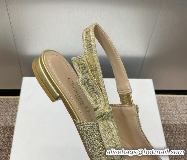 Sophisticated Dior J'Adior Slingback Ballet Flat in Yellow Gold-Tone Cotton Embroidered with Metallic Thread and Strass 