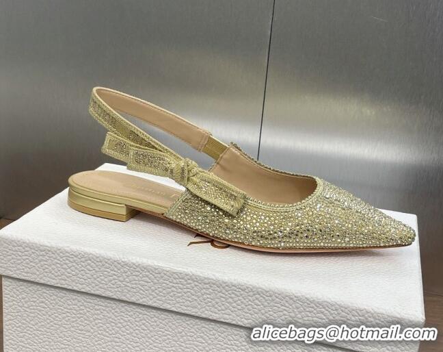 Sophisticated Dior J'Adior Slingback Ballet Flat in Yellow Gold-Tone Cotton Embroidered with Metallic Thread and Strass 