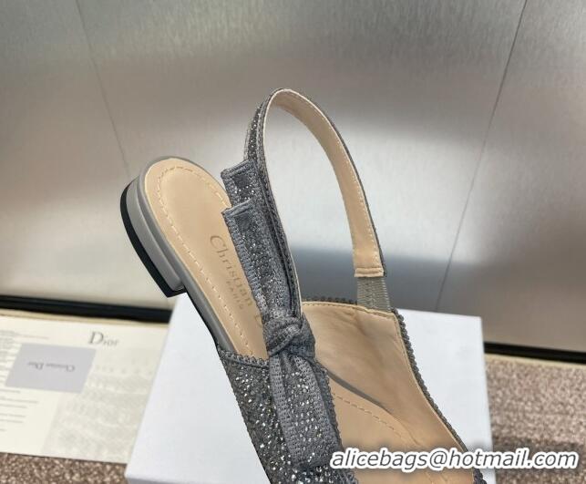 Discount Dior J'Adior Slingback Ballet Flat in Grey Cotton Embroidered with Gradient Strass 506066