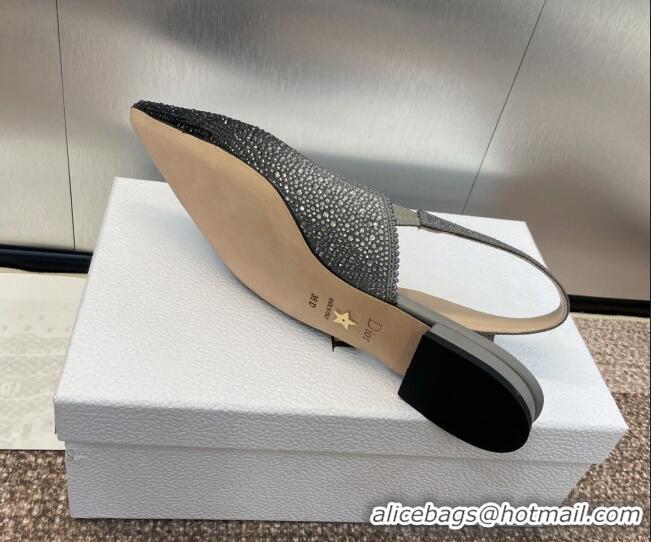 Discount Dior J'Adior Slingback Ballet Flat in Grey Cotton Embroidered with Gradient Strass 506066