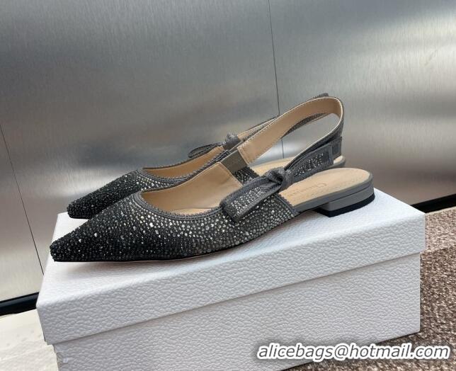 Discount Dior J'Adior Slingback Ballet Flat in Grey Cotton Embroidered with Gradient Strass 506066