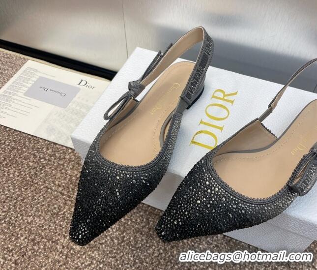 Discount Dior J'Adior Slingback Ballet Flat in Grey Cotton Embroidered with Gradient Strass 506066