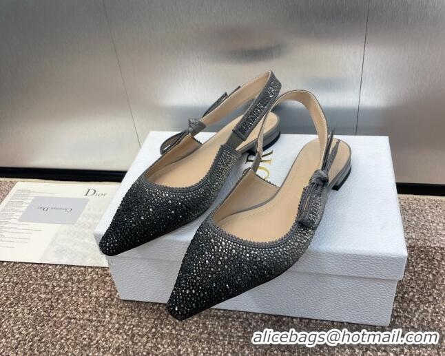 Discount Dior J'Adior Slingback Ballet Flat in Grey Cotton Embroidered with Gradient Strass 506066