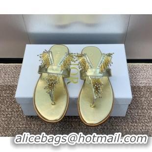 Perfect Dior Flat Thong Slide Sandals in Metallic Calfskin with Strass Stick Gold 506067