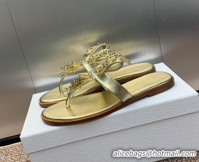 Perfect Dior Flat Thong Slide Sandals in Metallic Calfskin with Strass Stick Gold 506067