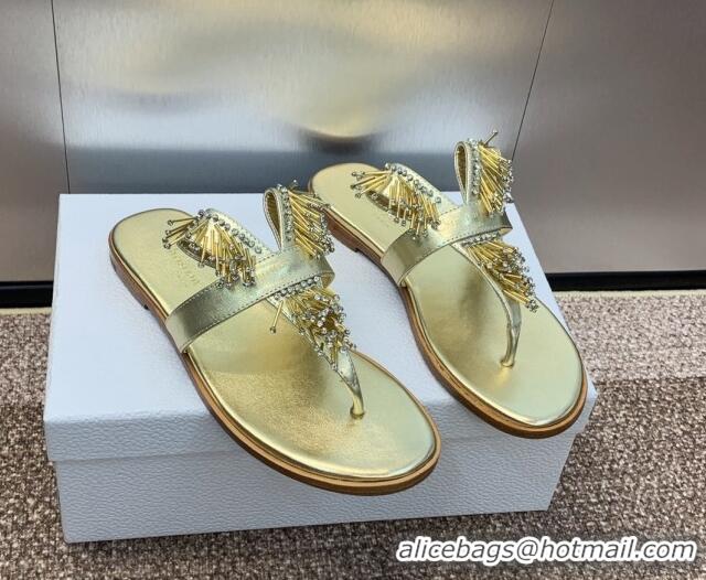 Perfect Dior Flat Thong Slide Sandals in Metallic Calfskin with Strass Stick Gold 506067