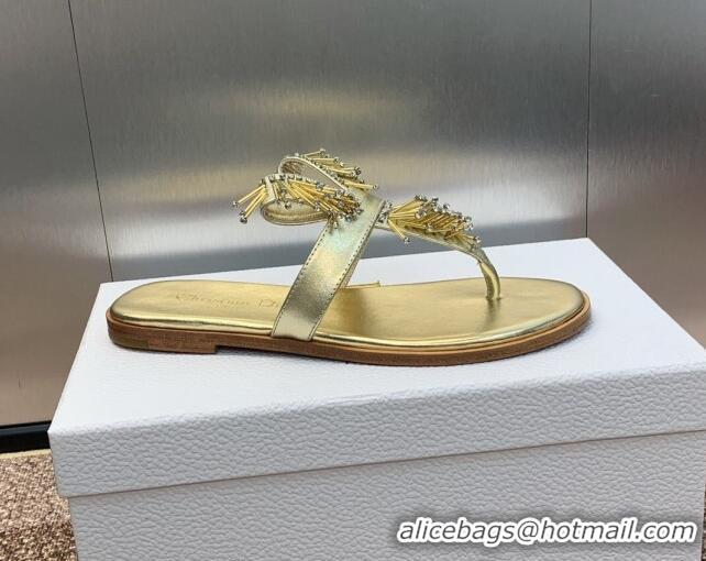 Perfect Dior Flat Thong Slide Sandals in Metallic Calfskin with Strass Stick Gold 506067