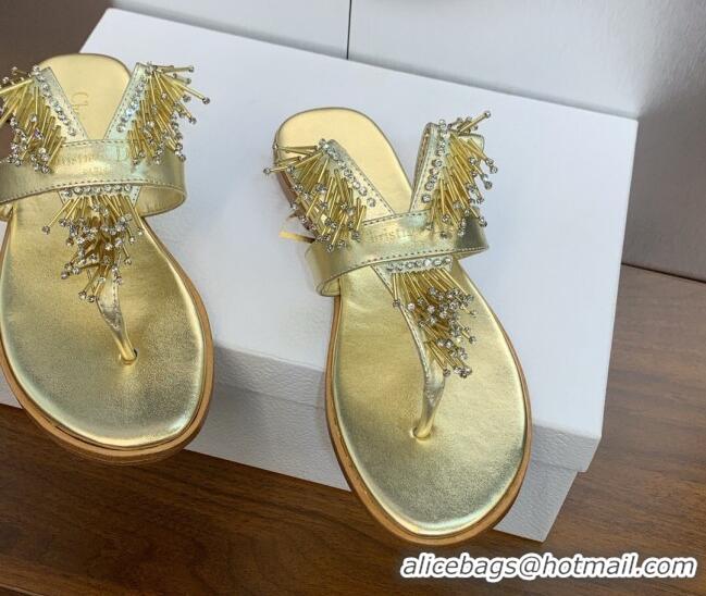 Perfect Dior Flat Thong Slide Sandals in Metallic Calfskin with Strass Stick Gold 506067