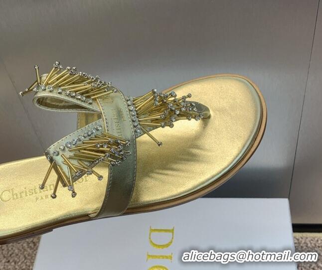 Perfect Dior Flat Thong Slide Sandals in Metallic Calfskin with Strass Stick Gold 506067