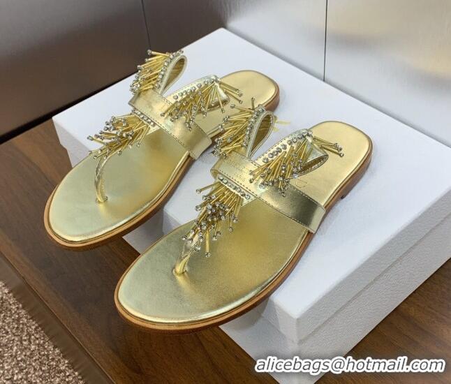 Perfect Dior Flat Thong Slide Sandals in Metallic Calfskin with Strass Stick Gold 506067