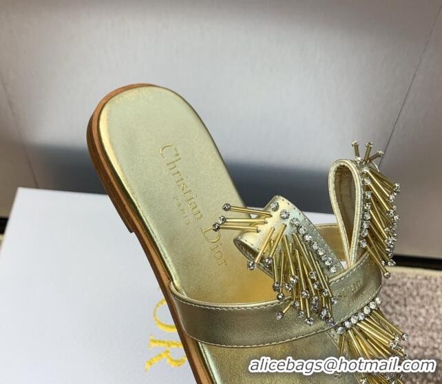 Perfect Dior Flat Thong Slide Sandals in Metallic Calfskin with Strass Stick Gold 506067