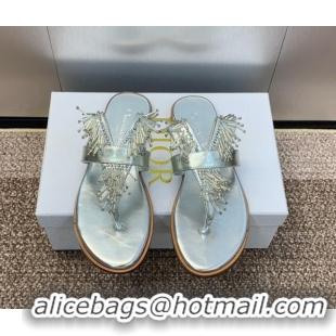 Pretty Style Dior Flat Thong Slide Sandals in Metallic Calfskin with Strass Stick Silver 0506068