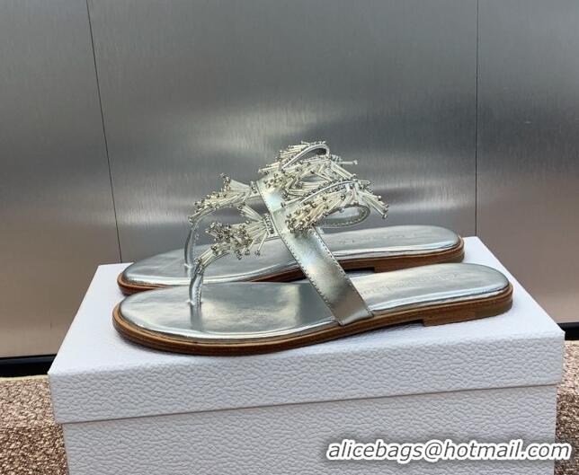 Pretty Style Dior Flat Thong Slide Sandals in Metallic Calfskin with Strass Stick Silver 0506068