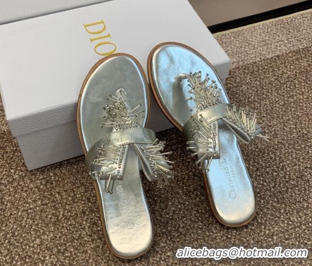 Pretty Style Dior Flat Thong Slide Sandals in Metallic Calfskin with Strass Stick Silver 0506068