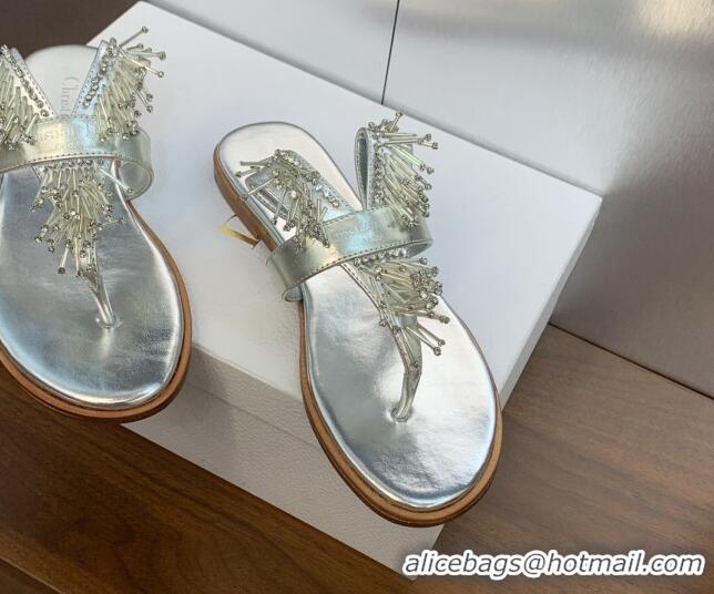 Pretty Style Dior Flat Thong Slide Sandals in Metallic Calfskin with Strass Stick Silver 0506068