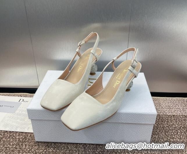 Good Quality Dior La Cigale Satin Slingback Pumps 5.5cm with Strass Heel White 0506070